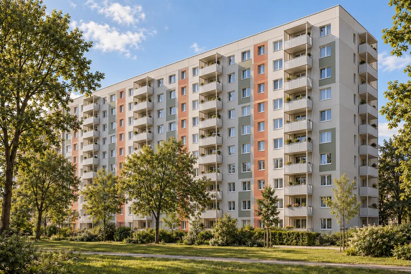 Sanierter Plattenbau mit farbiger Fassade und neuen Balkonen